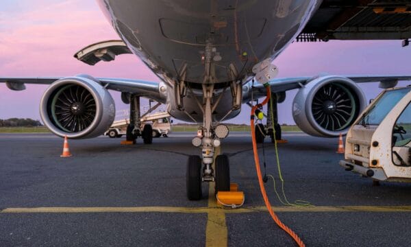 A plane parked up at an airport refueling