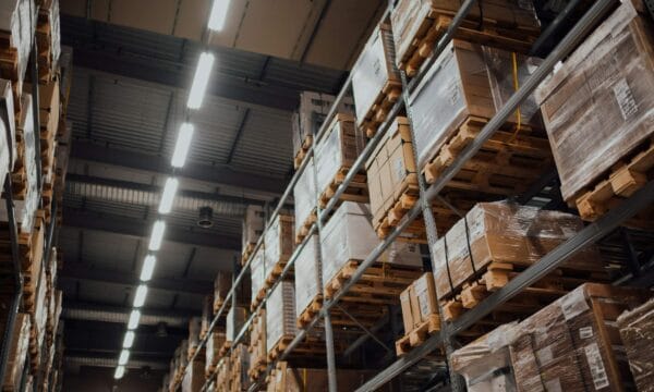 Stacks of pallets in a warehouse