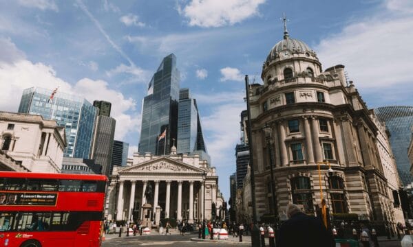 Outside view from across the street of the front of the Bank of England in London