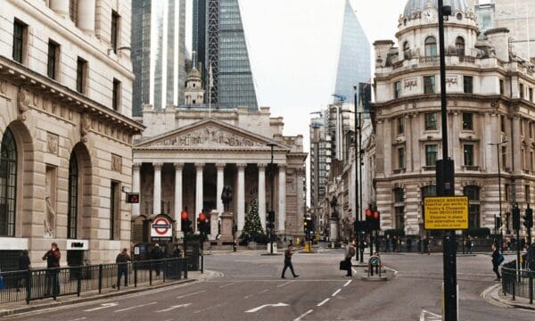 Outside view from across the street of the front of the Bank of England in London