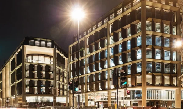 Night time view of Bloomberg London offices